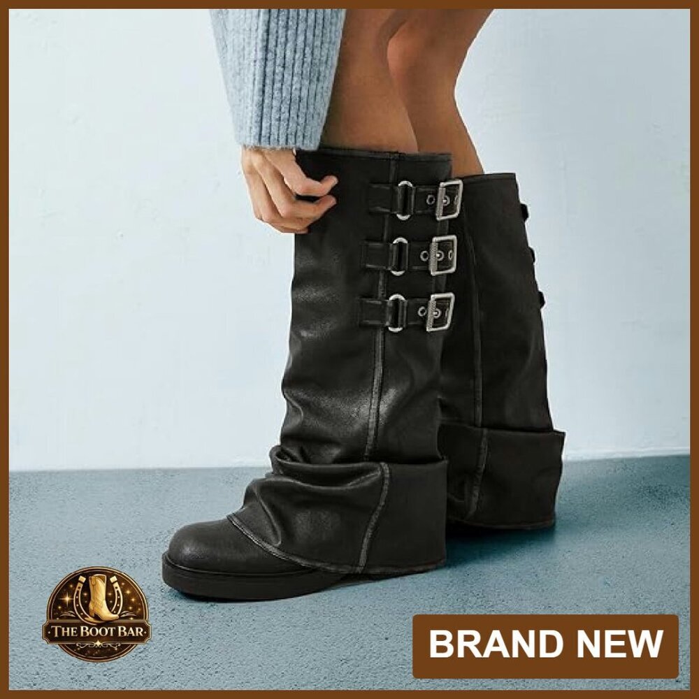Women's Knee High Boots Slouchy Pull On Chunky Heel Platform Casual - Picture 3 of 7